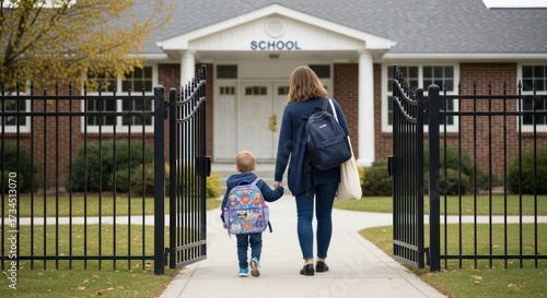 Wallpaper Mural Mother and child walking towards school building, education concept. Torontodigital.ca