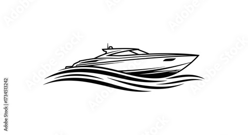 A sleek yacht cruises across stylized waves, rendered in a monochrome, graphic style.