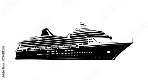 A black and white illustration of a large cruise ship sailing on open water.