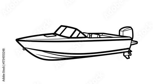 A simple line drawing of a motorboat, depicting its hull and engine.