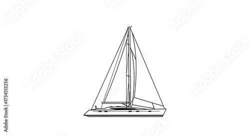 A simple line drawing depicts a sailboat with its mast, sails, and hull, isolated on white.
