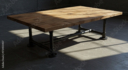 A rectangular coffee table with a reclaimed wood top and industrial-style black metal legs stands on a light gray concrete floor.