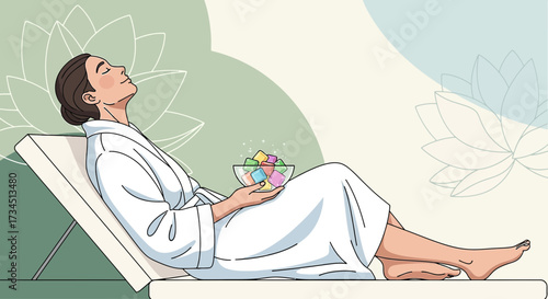 Woman Relaxing in Spa Holding Colorful Cube Bowl Promoting Wellness and Self Care