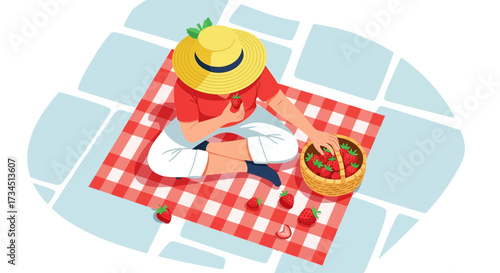 Young woman enjoying a summer picnic with fresh strawberries in a garden setting