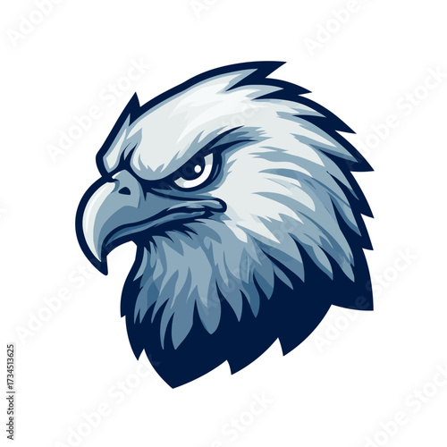 A striking illustration of an eagle's head, with intense gaze and majestic detail, isolated on white