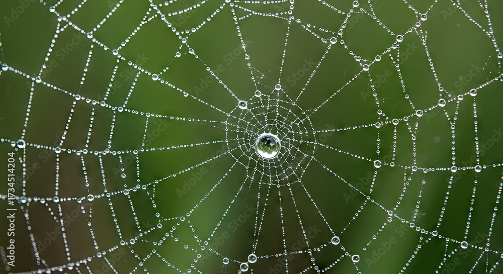 Obraz premium A detailed close-up view of a spiderweb, intricately patterned with glistening water droplets, set against a soft, blurred backdrop of muted green tones.