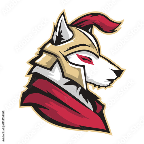 Animated wolf head, wears helmet, digital art, red cape