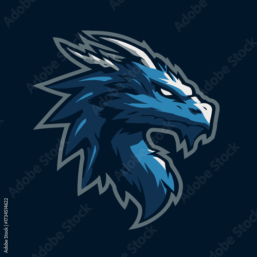 A stylized, detailed illustration features a dragon's head, showcasing vibrant blues and whites against a deep background
