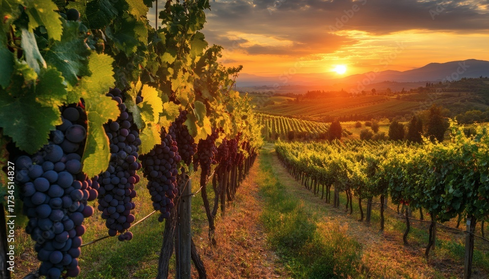 Fototapeta premium Rows of grapevines stretch across a hillside, bathed in the warm glow of a vibrant sunset, heavy bunches of dark grapes hang from the vines.