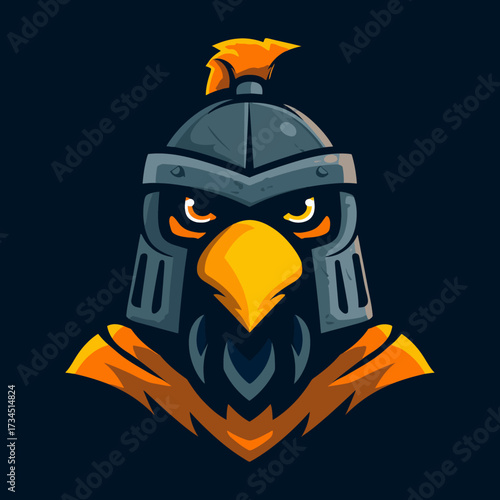 An imposing bird head wearing a metal helmet, exuding a fierce glare, with a background