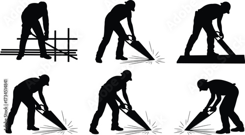 Silhouette of construction workers cutting metal with saw, sparks flying, heavy labor at building site, industrial work, construction activity illustration