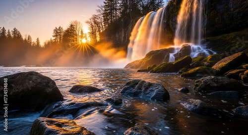 Waterfall with a bridal veil effect, rapids in the foreground, and a sunset in the background during golden hour