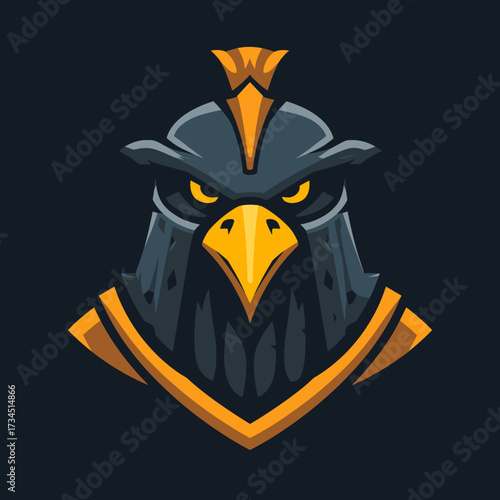 A stern-faced eagle head with sharp yellow eyes, sharp yellow beak and a crown. It is well designed