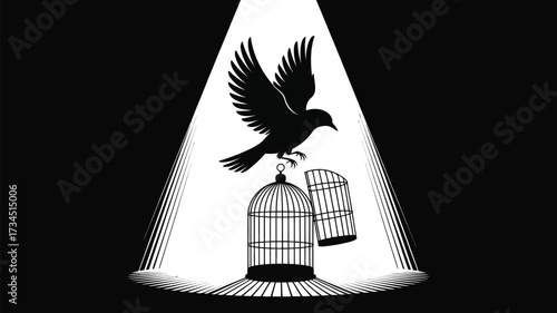 Stunning black and white silhouette of a bird escaping its cage, symbolizing freedom, liberation, and new beginnings under a bright spotlight