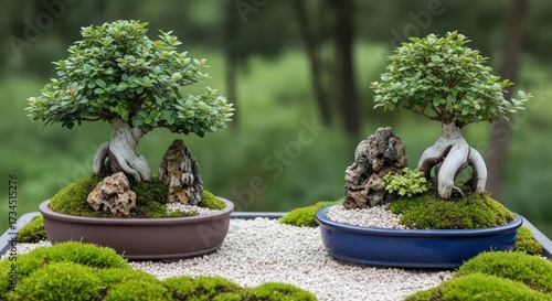 Two beautiful bonsai trees in pots with moss and rocks, showcasing miniature landscapes.