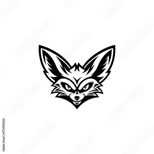 A symmetrical, stylized black and white image featuring the head of a cunning animal