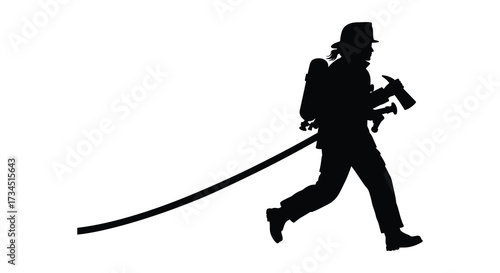 Firefighter in action carrying hose and axe dramatic black silhouette