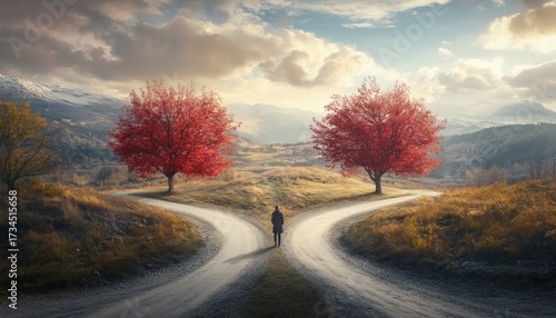 A lone person is seen standing in the middle of a road that splits into two paths, each path flanked by a striking red tree, with a serene mountain landscape in the background.