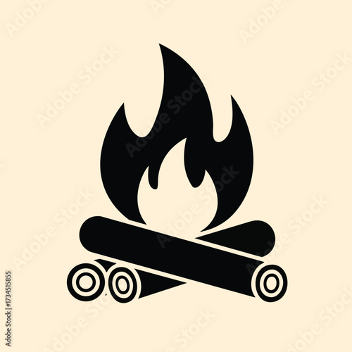 Minimalist silhouette of a campfire with logs and flames on a light