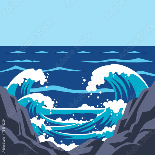 Powerful ocean waves crash against rocky shores under a clear blue sky.