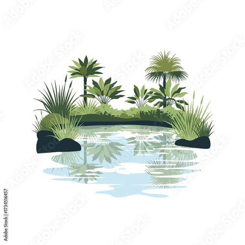 A tranquil oasis with lush tropical palm trees and reeds reflected in the calm water.