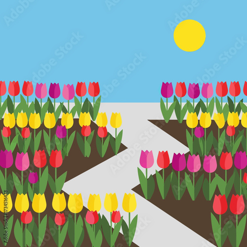 A vibrant, flat-design illustration of a spring tulip garden with a winding path under a bright blue sky and yellow sun.