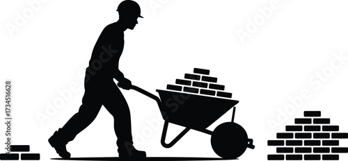 Silhouette of construction worker pushing wheelbarrow full of bricks, masonry labor, builder transporting materials at construction site, civil engineering workforce illustration