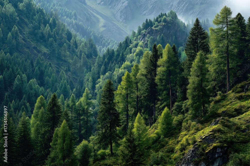 Fototapeta premium Lush forest covering mountain slopes and peaks