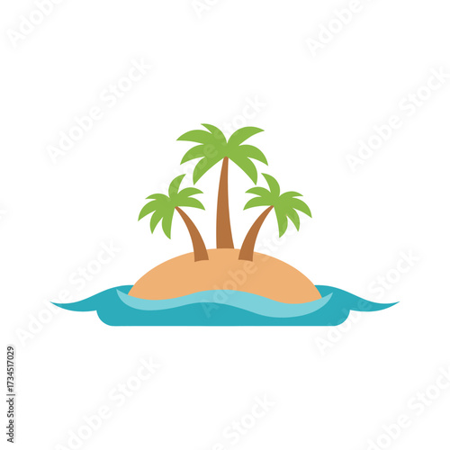 A small tropical island with three palm trees surrounded by blue ocean waves.