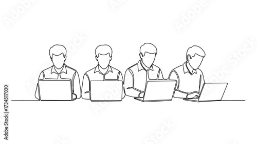 Single-Line Drawing of Four Professionals at Laptops – Minimalist Coworking and Remote Collaboration Illustration