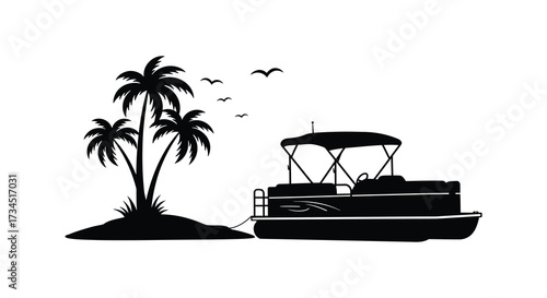 Tropical island scene with palm trees and a boat silhouette