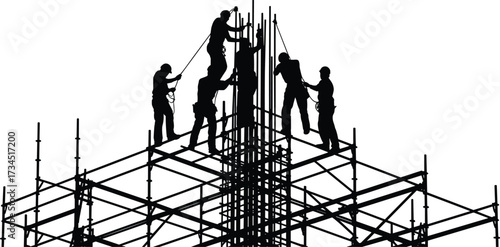 Silhouette of construction workers on scaffolding assembling rebar, teamwork at building site, working at height, civil engineers, steel reinforcement installation, construction labor silhouettes