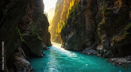 A vibrant turquoise river flows through a narrow gorge carved by nature, showcasing dramatic rock formations and lush greenery.
