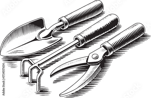 Gardening Tools Trowel, Hand Rake, and Pruners in Engraved Style