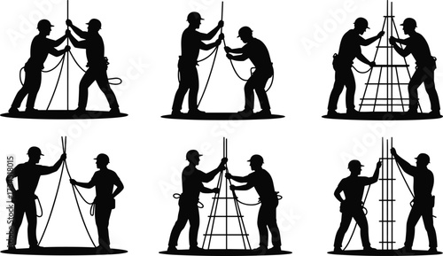 Silhouette of construction workers assembling rebar, teamwork in building reinforcement, steel rod installation, civil engineers at construction site, concrete structure preparation, labor silhouettes