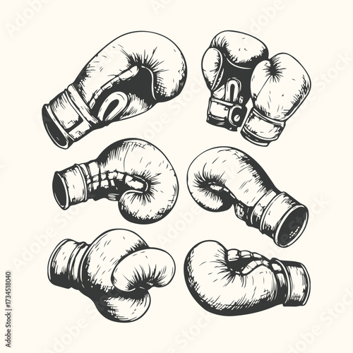 Vector art of a collection of vintage boxing gloves drawn in a sketchy, illustrative style, showcasing different angles and sizes of the protective handwear used in the sport of boxing