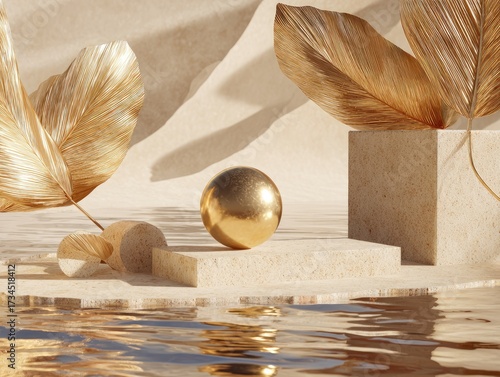 Golden sphere, leaves, and textures in water, abstract elegance
