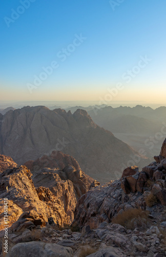 Amazing Sunrise at Sinai Mountain, Beautiful dawn in Egypt, early morning view of the top of Mount Moses