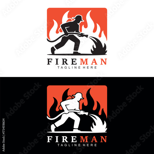 Fireman Logo Design Vector | Firefighter Hose Water Flame Icon Branding