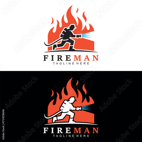 Fireman Logo Design Vector | Firefighter Hose Water Flame Icon Branding