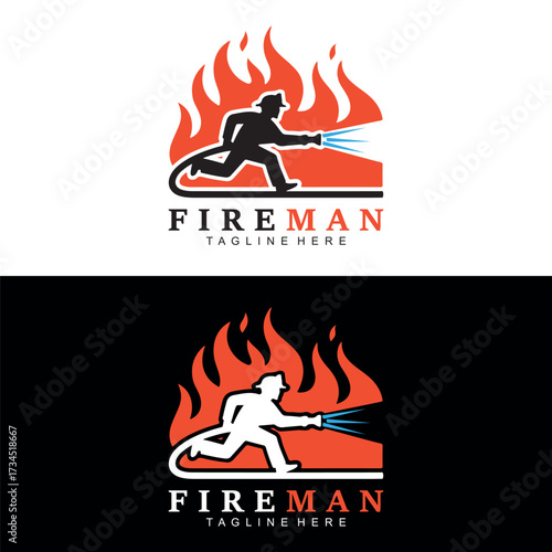 Fireman Logo Design Vector | Firefighter Hose Water Flame Icon Branding