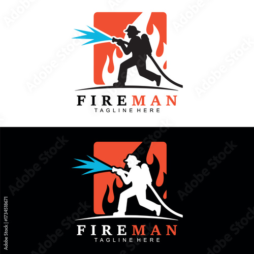 Fireman Logo Design Vector | Firefighter Hose Water Flame Icon Branding