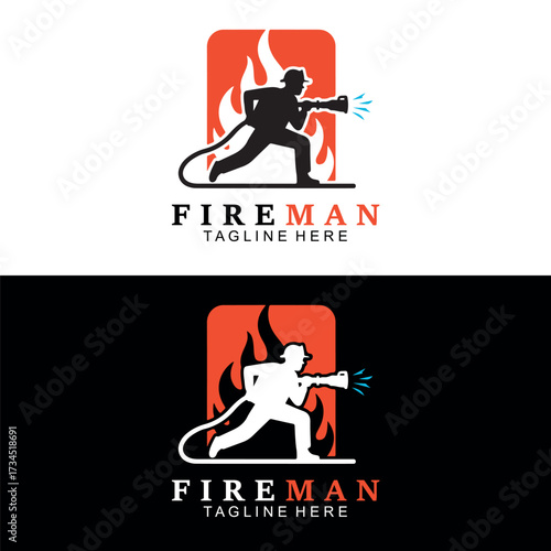 Fireman Logo Design Vector | Firefighter Hose Water Flame Icon Branding
