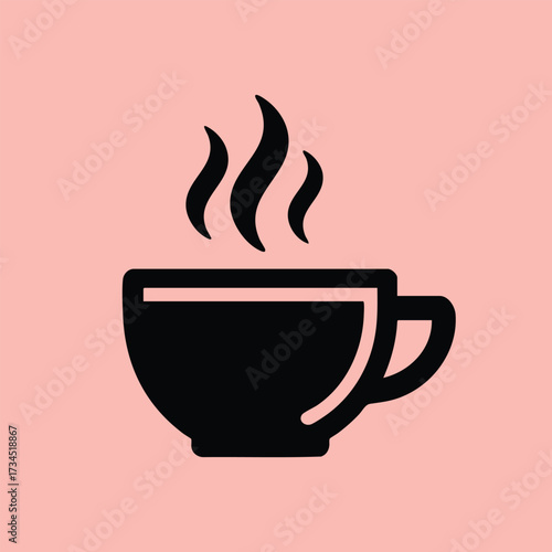 Minimalist of a steaming hot beverage cup with a handle on a soft pink