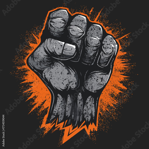 A clenched fist rendered in detailed gray tones, encircled by a vibrant orange burst. The image evokes strength and unity
