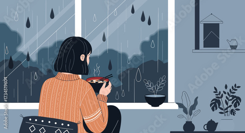 A cozy rainy day illustration featuring a woman enjoying a hot meal indoors with comfort