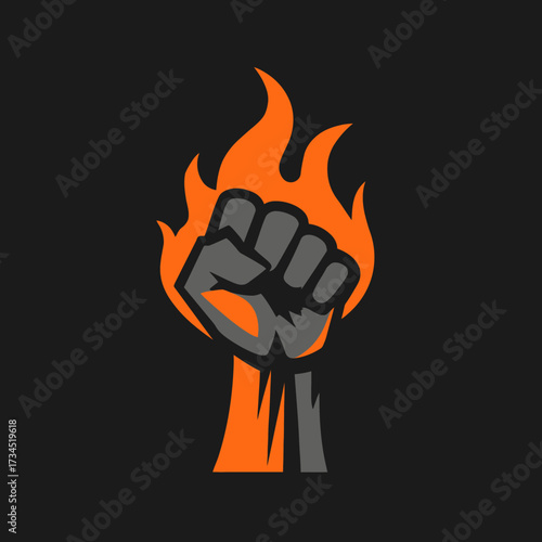 Fist raised engulfed in flame, symbol of protest in graphic black background