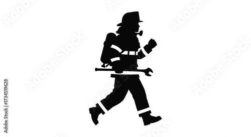 A black silhouette of a firefighter walking with equipment silhouette