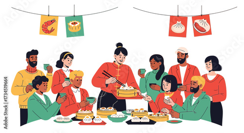 A diverse group enjoying dim sum together, celebrating cultural harmony and culinary traditions
