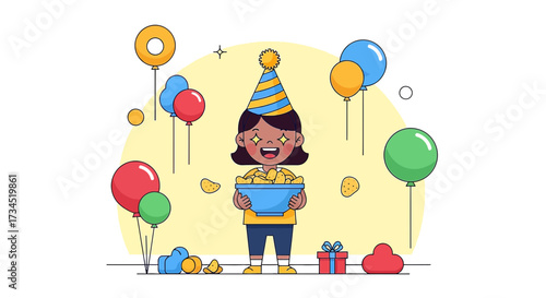 A joyful girl celebrating a festive occasion surrounded by balloons presents and chips offering a